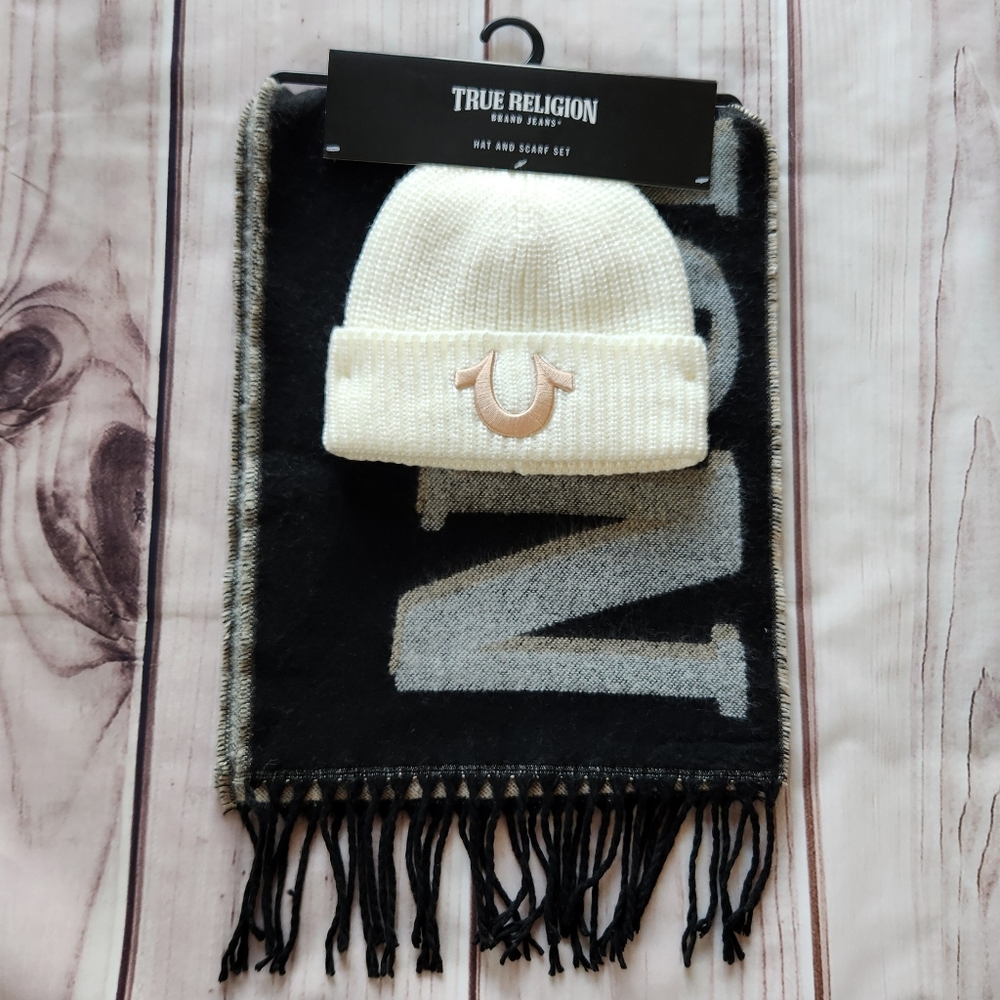 NWT True Religion Beanie Hat & Scarf Set Men's Accessories Cream Black Grey